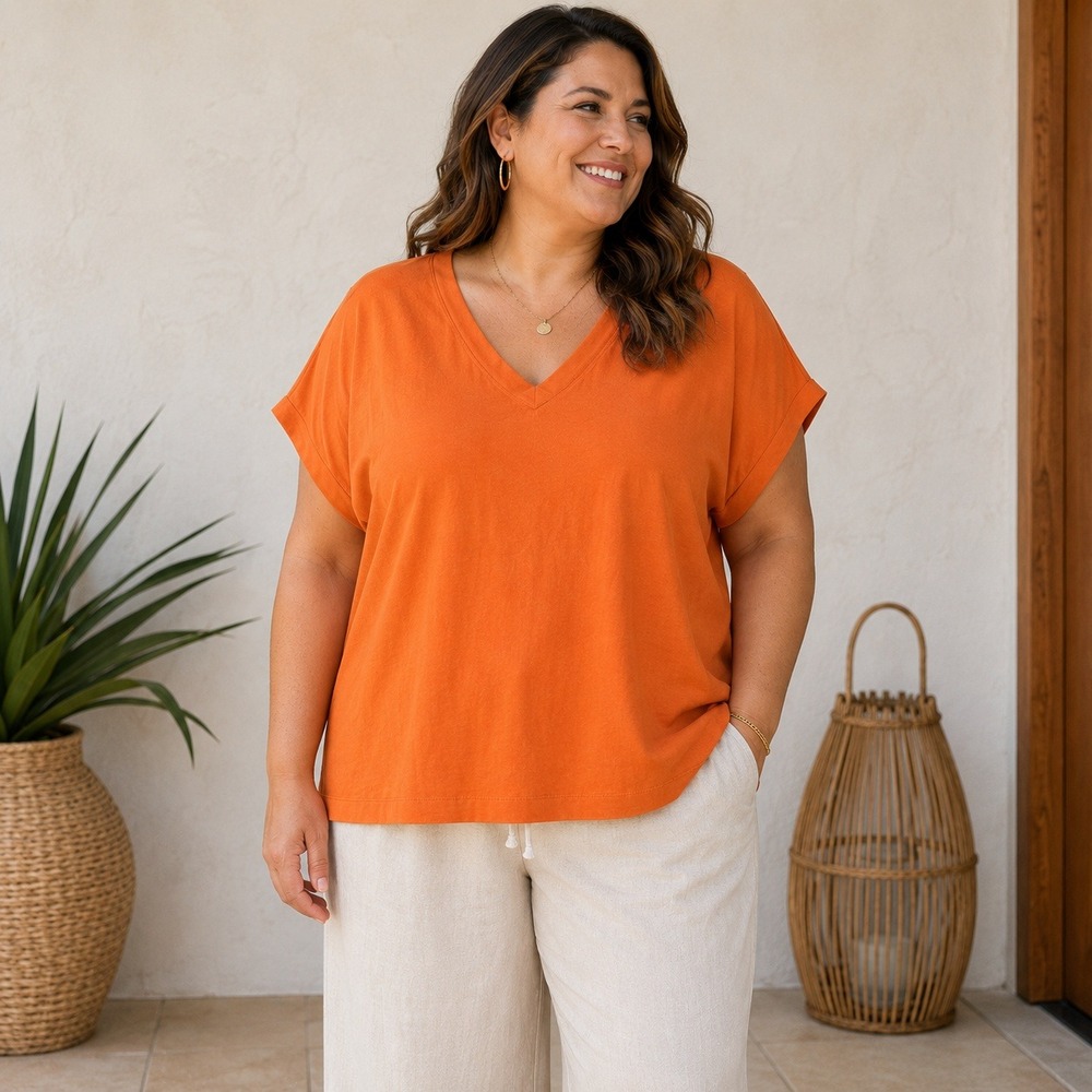J. Jill Luxe Supima Pleat-Back Tee Orange V-Neck Short Sleeve XL Petite NEW